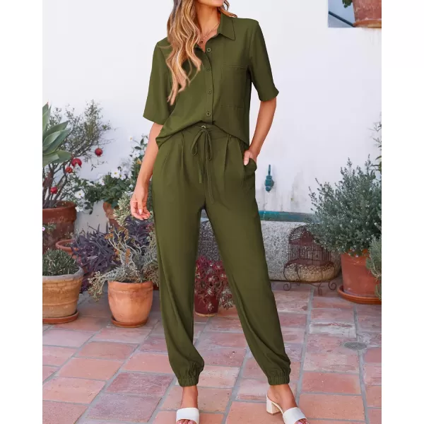 BTFBM Womens 2024 Summer 2 Piece Outfits Tracksuit Short Sleeve Cropped Button Down Shirt Long Pant Lounge Matching SetSolid Army Green