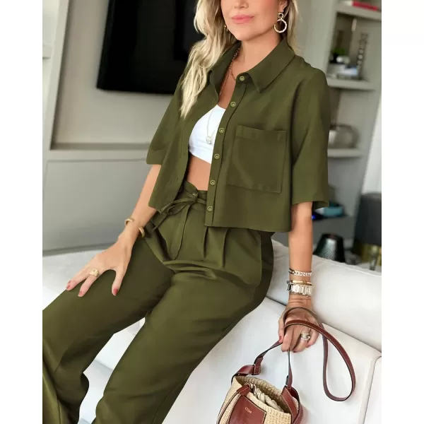 BTFBM Womens 2024 Summer 2 Piece Outfits Tracksuit Short Sleeve Cropped Button Down Shirt Long Pant Lounge Matching SetSolid Army Green