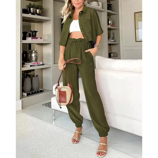 BTFBM Womens 2024 Summer 2 Piece Outfits Tracksuit Short Sleeve Cropped Button Down Shirt Long Pant Lounge Matching SetSolid Army Green