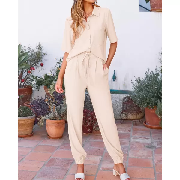 BTFBM Womens 2024 Summer 2 Piece Outfits Tracksuit Short Sleeve Cropped Button Down Shirt Long Pant Lounge Matching SetSolid Beige