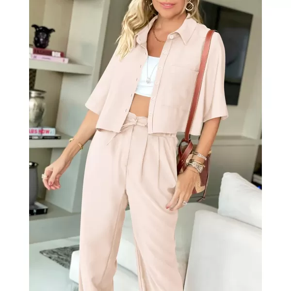 BTFBM Womens 2024 Summer 2 Piece Outfits Tracksuit Short Sleeve Cropped Button Down Shirt Long Pant Lounge Matching SetSolid Beige