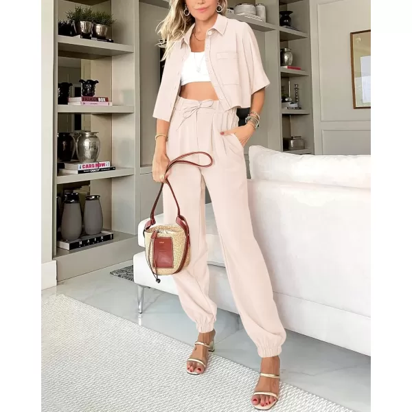 BTFBM Womens 2024 Summer 2 Piece Outfits Tracksuit Short Sleeve Cropped Button Down Shirt Long Pant Lounge Matching SetSolid Beige