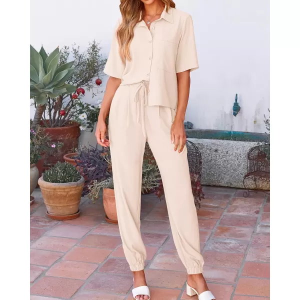 BTFBM Womens 2024 Summer 2 Piece Outfits Tracksuit Short Sleeve Cropped Button Down Shirt Long Pant Lounge Matching SetSolid Beige