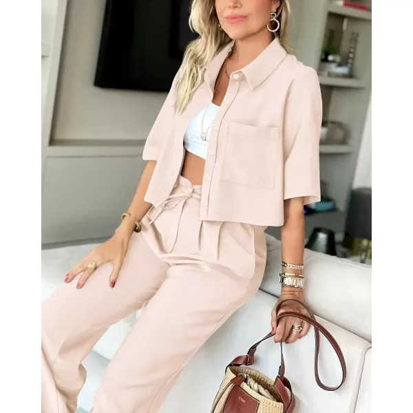 BTFBM Womens 2024 Summer 2 Piece Outfits Tracksuit Short Sleeve Cropped Button Down Shirt Long Pant Lounge Matching SetSolid Beige