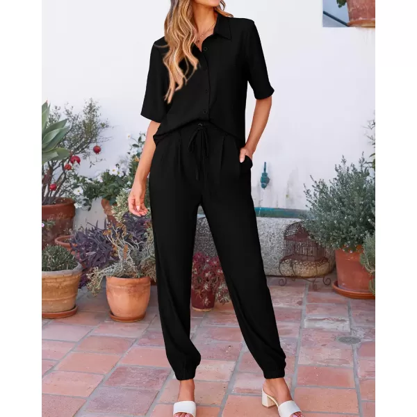 BTFBM Womens 2024 Summer 2 Piece Outfits Tracksuit Short Sleeve Cropped Button Down Shirt Long Pant Lounge Matching SetSolid Black