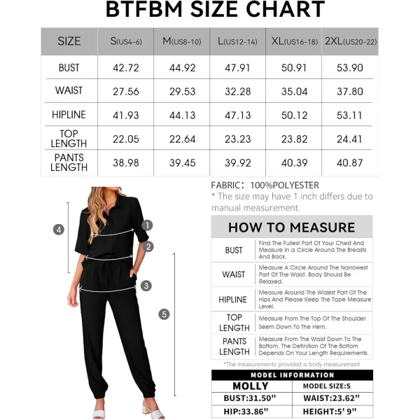 BTFBM Womens 2024 Summer 2 Piece Outfits Tracksuit Short Sleeve Cropped Button Down Shirt Long Pant Lounge Matching SetSolid Black