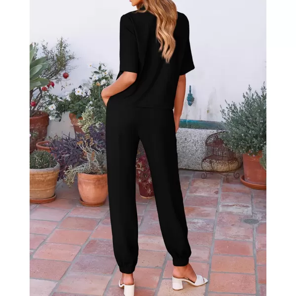 BTFBM Womens 2024 Summer 2 Piece Outfits Tracksuit Short Sleeve Cropped Button Down Shirt Long Pant Lounge Matching SetSolid Black