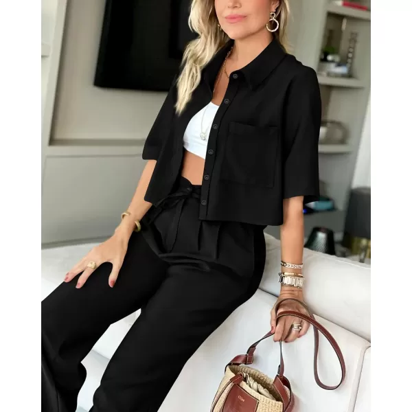 BTFBM Womens 2024 Summer 2 Piece Outfits Tracksuit Short Sleeve Cropped Button Down Shirt Long Pant Lounge Matching SetSolid Black