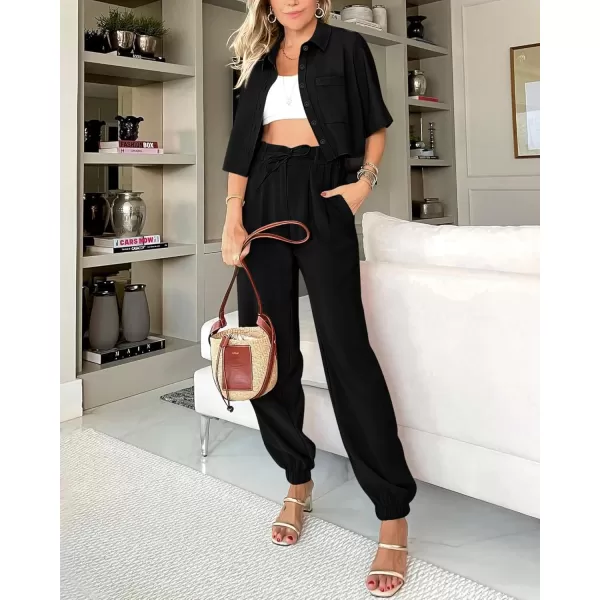 BTFBM Womens 2024 Summer 2 Piece Outfits Tracksuit Short Sleeve Cropped Button Down Shirt Long Pant Lounge Matching SetSolid Black