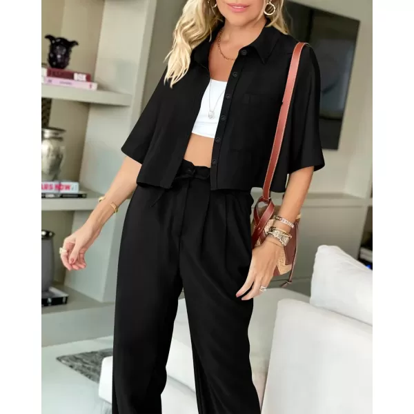 BTFBM Womens 2024 Summer 2 Piece Outfits Tracksuit Short Sleeve Cropped Button Down Shirt Long Pant Lounge Matching SetSolid Black
