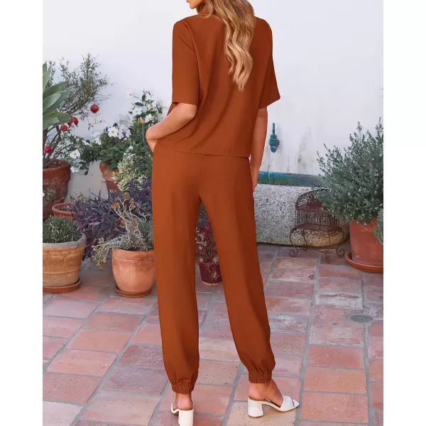BTFBM Womens 2024 Summer 2 Piece Outfits Tracksuit Short Sleeve Cropped Button Down Shirt Long Pant Lounge Matching SetSolid Brick Red