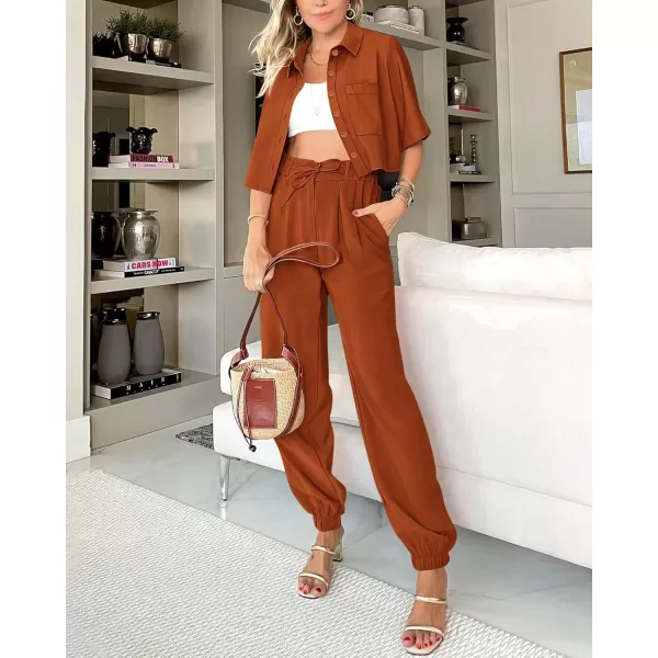 BTFBM Womens 2024 Summer 2 Piece Outfits Tracksuit Short Sleeve Cropped Button Down Shirt Long Pant Lounge Matching SetSolid Brick Red