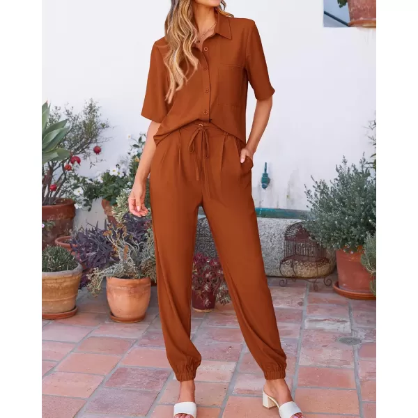 BTFBM Womens 2024 Summer 2 Piece Outfits Tracksuit Short Sleeve Cropped Button Down Shirt Long Pant Lounge Matching SetSolid Brick Red