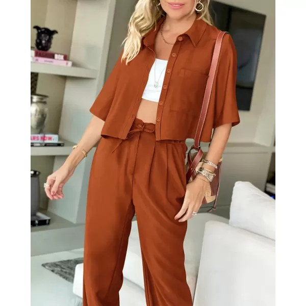 BTFBM Womens 2024 Summer 2 Piece Outfits Tracksuit Short Sleeve Cropped Button Down Shirt Long Pant Lounge Matching SetSolid Brick Red