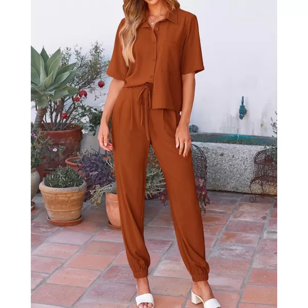 BTFBM Womens 2024 Summer 2 Piece Outfits Tracksuit Short Sleeve Cropped Button Down Shirt Long Pant Lounge Matching SetSolid Brick Red