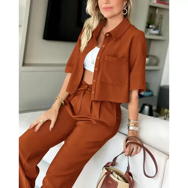 BTFBM Womens 2024 Summer 2 Piece Outfits Tracksuit Short Sleeve Cropped Button Down Shirt Long Pant Lounge Matching SetSolid Brick Red