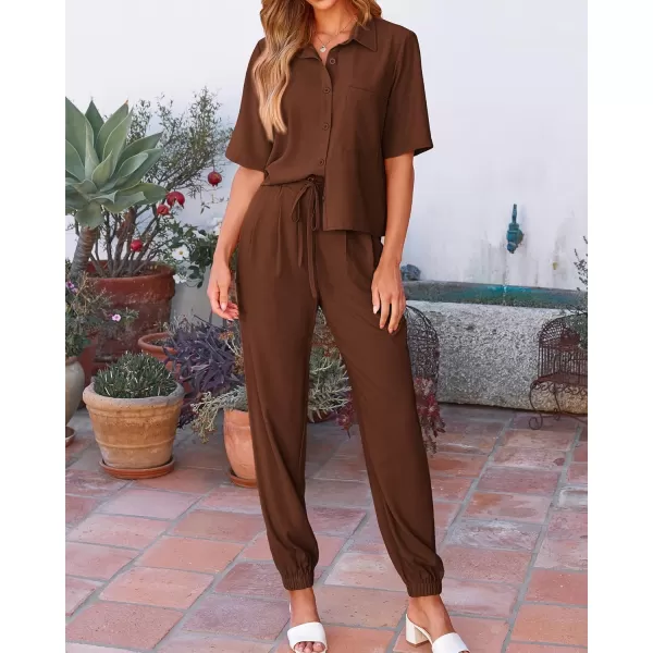 BTFBM Womens 2024 Summer 2 Piece Outfits Tracksuit Short Sleeve Cropped Button Down Shirt Long Pant Lounge Matching SetSolid Brown