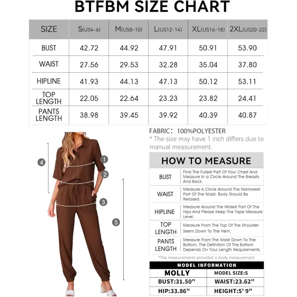 BTFBM Womens 2024 Summer 2 Piece Outfits Tracksuit Short Sleeve Cropped Button Down Shirt Long Pant Lounge Matching SetSolid Brown