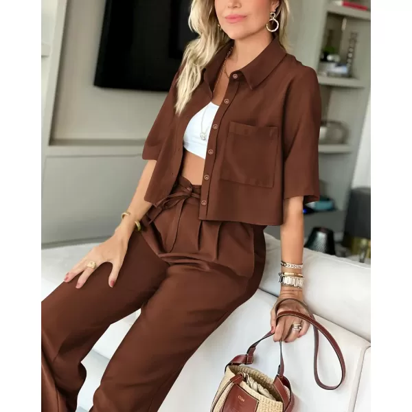BTFBM Womens 2024 Summer 2 Piece Outfits Tracksuit Short Sleeve Cropped Button Down Shirt Long Pant Lounge Matching SetSolid Brown