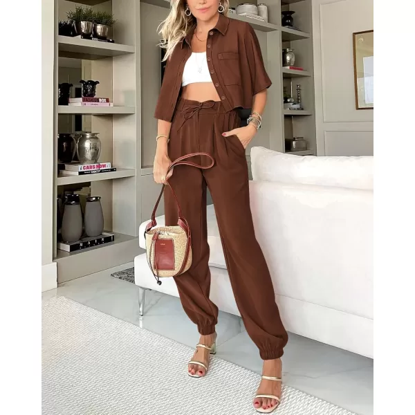 BTFBM Womens 2024 Summer 2 Piece Outfits Tracksuit Short Sleeve Cropped Button Down Shirt Long Pant Lounge Matching SetSolid Brown