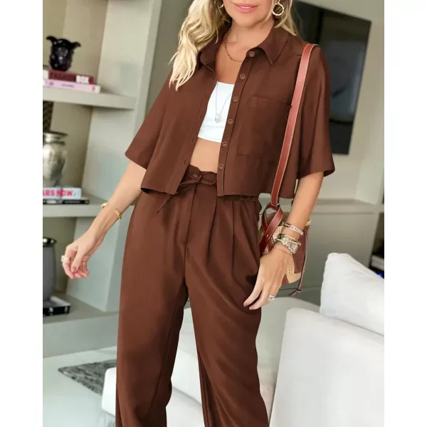 BTFBM Womens 2024 Summer 2 Piece Outfits Tracksuit Short Sleeve Cropped Button Down Shirt Long Pant Lounge Matching SetSolid Brown