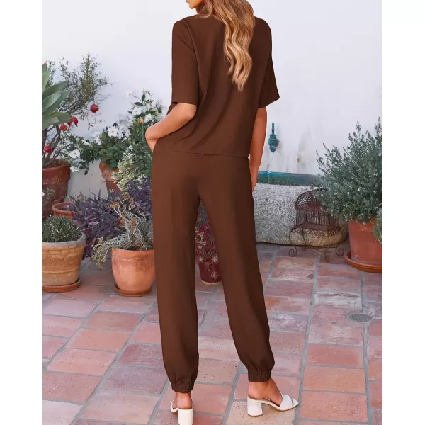 BTFBM Womens 2024 Summer 2 Piece Outfits Tracksuit Short Sleeve Cropped Button Down Shirt Long Pant Lounge Matching SetSolid Brown