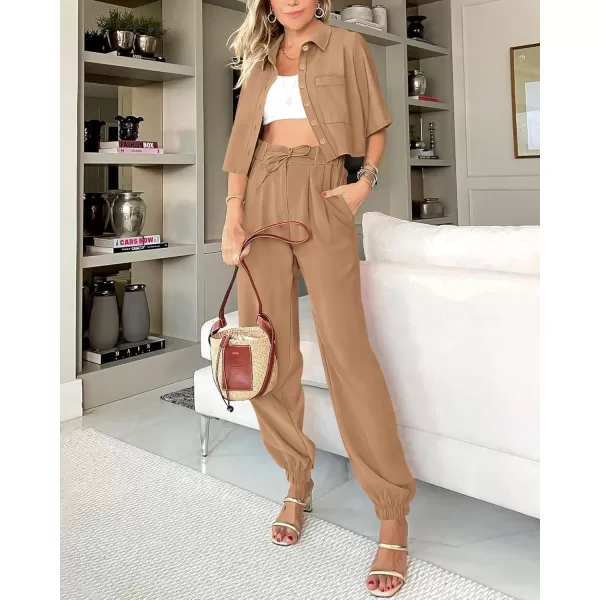 BTFBM Womens 2024 Summer 2 Piece Outfits Tracksuit Short Sleeve Cropped Button Down Shirt Long Pant Lounge Matching SetSolid Khaki