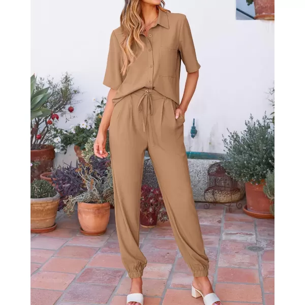 BTFBM Womens 2024 Summer 2 Piece Outfits Tracksuit Short Sleeve Cropped Button Down Shirt Long Pant Lounge Matching SetSolid Khaki