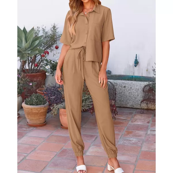 BTFBM Womens 2024 Summer 2 Piece Outfits Tracksuit Short Sleeve Cropped Button Down Shirt Long Pant Lounge Matching SetSolid Khaki