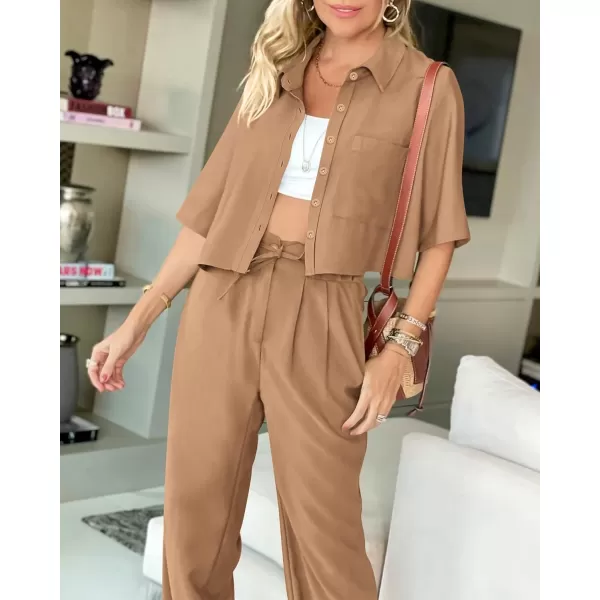 BTFBM Womens 2024 Summer 2 Piece Outfits Tracksuit Short Sleeve Cropped Button Down Shirt Long Pant Lounge Matching SetSolid Khaki