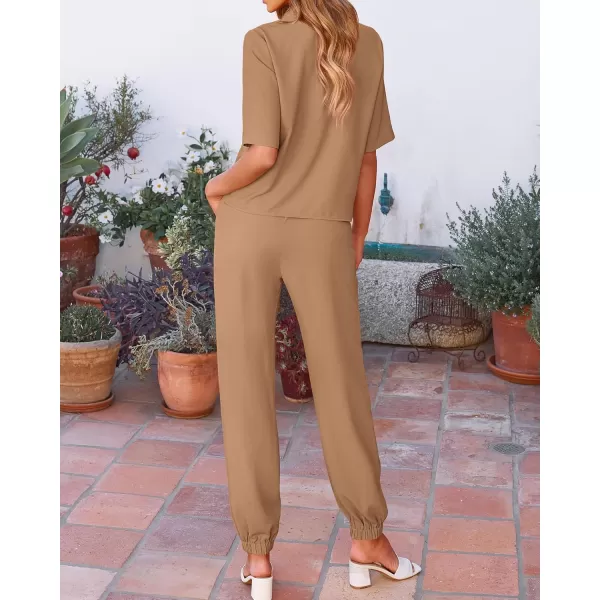 BTFBM Womens 2024 Summer 2 Piece Outfits Tracksuit Short Sleeve Cropped Button Down Shirt Long Pant Lounge Matching SetSolid Khaki