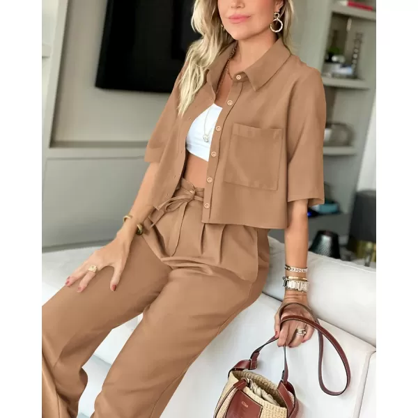BTFBM Womens 2024 Summer 2 Piece Outfits Tracksuit Short Sleeve Cropped Button Down Shirt Long Pant Lounge Matching SetSolid Khaki