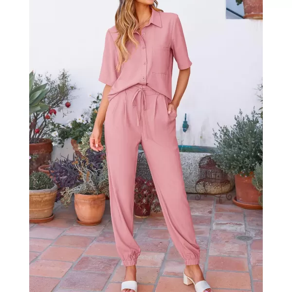 BTFBM Womens 2024 Summer 2 Piece Outfits Tracksuit Short Sleeve Cropped Button Down Shirt Long Pant Lounge Matching SetSolid Pink