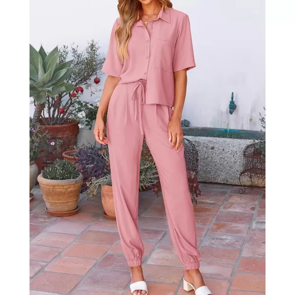 BTFBM Womens 2024 Summer 2 Piece Outfits Tracksuit Short Sleeve Cropped Button Down Shirt Long Pant Lounge Matching SetSolid Pink