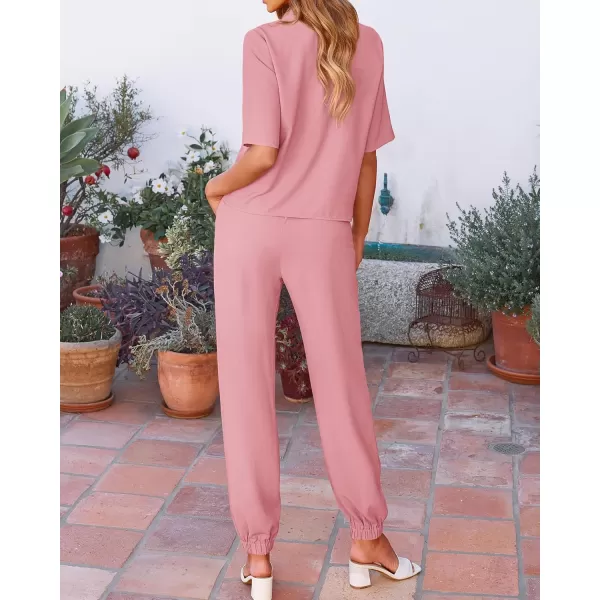 BTFBM Womens 2024 Summer 2 Piece Outfits Tracksuit Short Sleeve Cropped Button Down Shirt Long Pant Lounge Matching SetSolid Pink