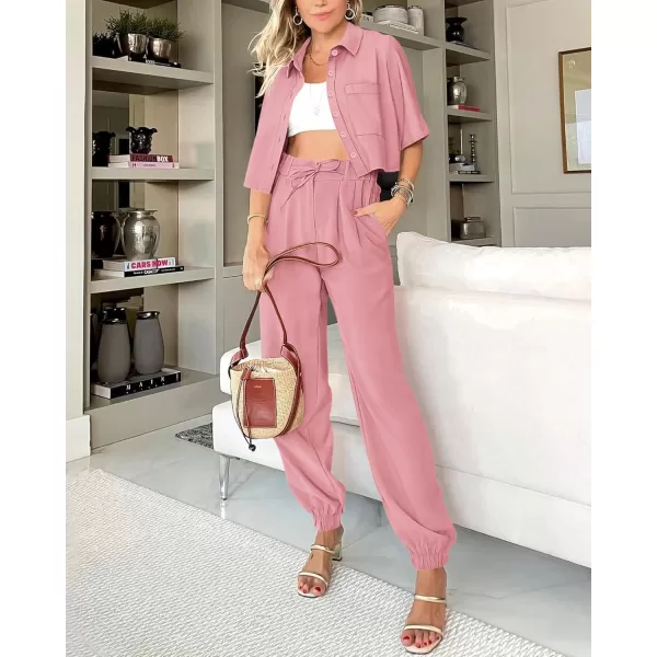 BTFBM Womens 2024 Summer 2 Piece Outfits Tracksuit Short Sleeve Cropped Button Down Shirt Long Pant Lounge Matching SetSolid Pink