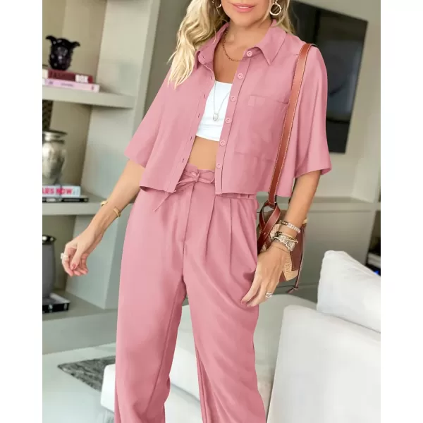 BTFBM Womens 2024 Summer 2 Piece Outfits Tracksuit Short Sleeve Cropped Button Down Shirt Long Pant Lounge Matching SetSolid Pink
