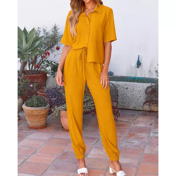 BTFBM Womens 2024 Summer 2 Piece Outfits Tracksuit Short Sleeve Cropped Button Down Shirt Long Pant Lounge Matching SetSolid Turmeric