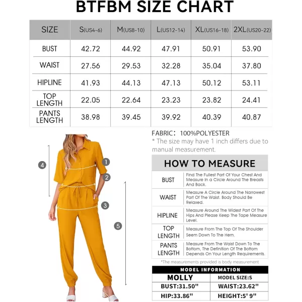 BTFBM Womens 2024 Summer 2 Piece Outfits Tracksuit Short Sleeve Cropped Button Down Shirt Long Pant Lounge Matching SetSolid Turmeric