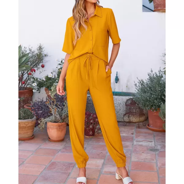 BTFBM Womens 2024 Summer 2 Piece Outfits Tracksuit Short Sleeve Cropped Button Down Shirt Long Pant Lounge Matching SetSolid Turmeric