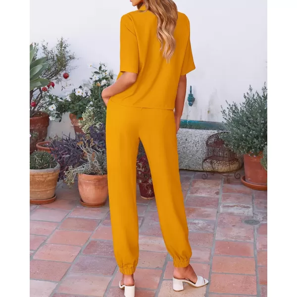BTFBM Womens 2024 Summer 2 Piece Outfits Tracksuit Short Sleeve Cropped Button Down Shirt Long Pant Lounge Matching SetSolid Turmeric
