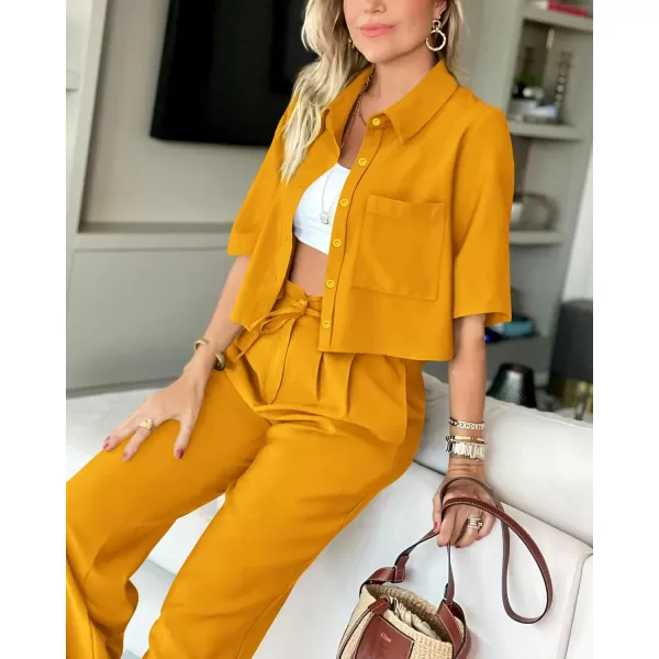 BTFBM Womens 2024 Summer 2 Piece Outfits Tracksuit Short Sleeve Cropped Button Down Shirt Long Pant Lounge Matching SetSolid Turmeric
