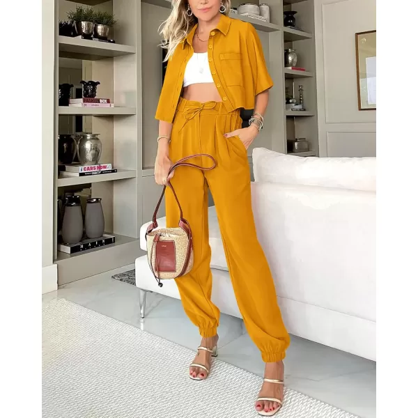 BTFBM Womens 2024 Summer 2 Piece Outfits Tracksuit Short Sleeve Cropped Button Down Shirt Long Pant Lounge Matching SetSolid Turmeric