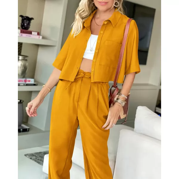 BTFBM Womens 2024 Summer 2 Piece Outfits Tracksuit Short Sleeve Cropped Button Down Shirt Long Pant Lounge Matching SetSolid Turmeric