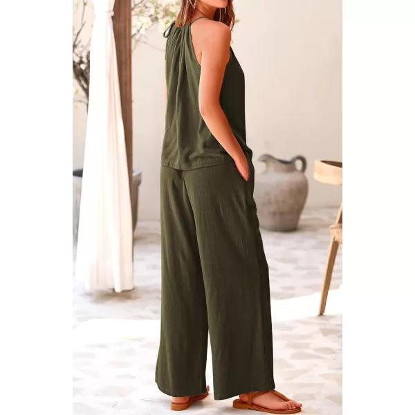 BTFBM Womens Casual Summer Two Piece Outfits Cotton Linen Sets Cutout Halter Sleeveless Top Wide Leg Pants Matching SetSolid Army Green
