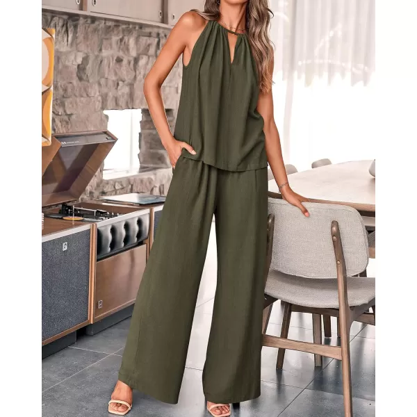 BTFBM Womens Casual Summer Two Piece Outfits Cotton Linen Sets Cutout Halter Sleeveless Top Wide Leg Pants Matching SetSolid Army Green