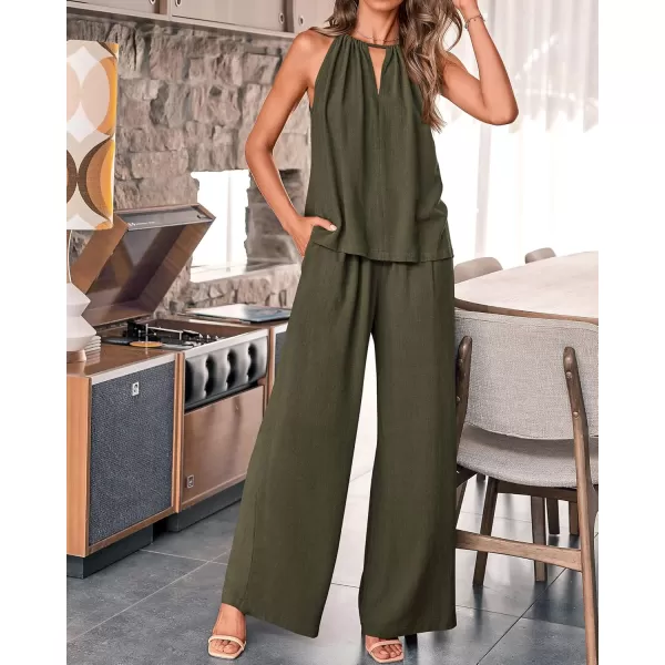 BTFBM Womens Casual Summer Two Piece Outfits Cotton Linen Sets Cutout Halter Sleeveless Top Wide Leg Pants Matching SetSolid Army Green