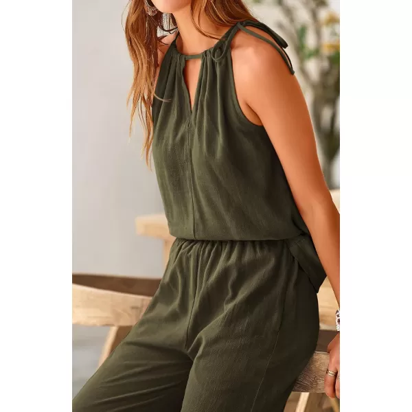 BTFBM Womens Casual Summer Two Piece Outfits Cotton Linen Sets Cutout Halter Sleeveless Top Wide Leg Pants Matching SetSolid Army Green