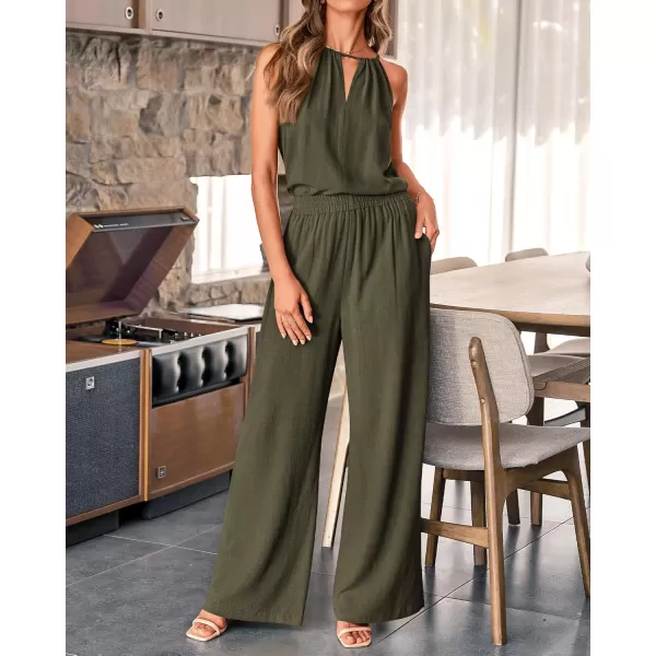 BTFBM Womens Casual Summer Two Piece Outfits Cotton Linen Sets Cutout Halter Sleeveless Top Wide Leg Pants Matching SetSolid Army Green