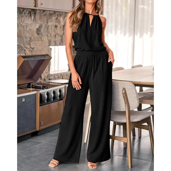 BTFBM Womens Casual Summer Two Piece Outfits Cotton Linen Sets Cutout Halter Sleeveless Top Wide Leg Pants Matching SetSolid Black